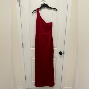 Lulus Burgundy One Shoulder Slit Maxi Gown Dress